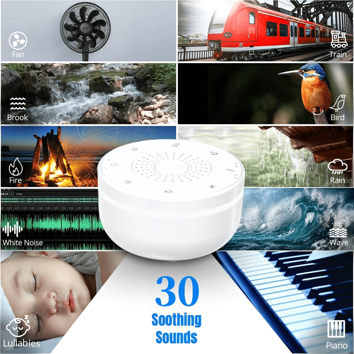 Portable White Noise Machine Sleep Aid, Suitable for Adults, Pets, Children, And. Features 30 Soothing Sounds, a 5-Color Night Light, And 3 Timer Functions. Includes a Lanyard