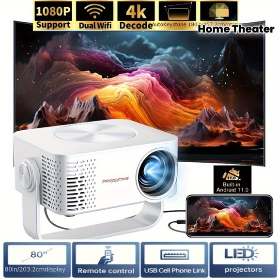 [Portable WiFi6 Projector] Mini Portable Projector | WiFi6 & BT5.0, 4K Native 1080P Video Decoding, Android 11.0 OS, Automatic Keystone - Home Theater Movie Projector