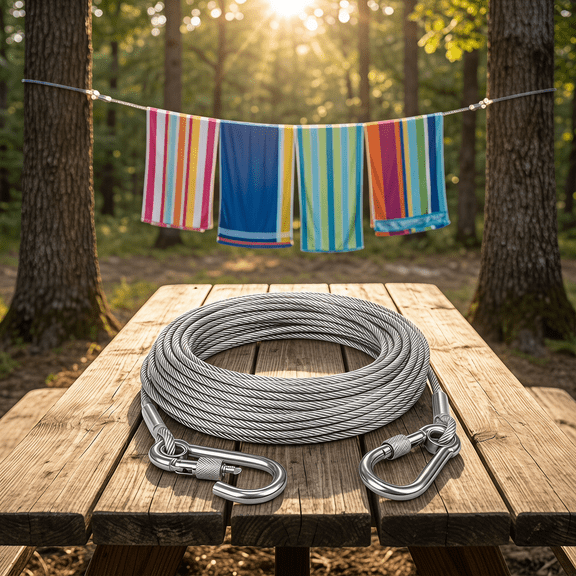 Portable Windproof Clothesline 2mm Thick Plastic Coated Steel Wire Rope, 118 inches (3m) Heavy Duty Outdoor Camping Clothes Line