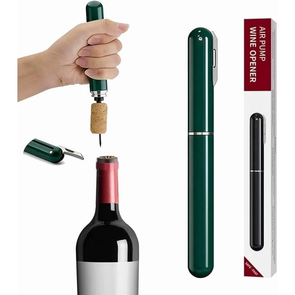 Portable Wine Bottle Opener, Air Pressure Wine Corkscrew with Foil Cutter, Lightweight Manual Cork Remover for Picnic, Travel, Camping and Home Bar, Green
