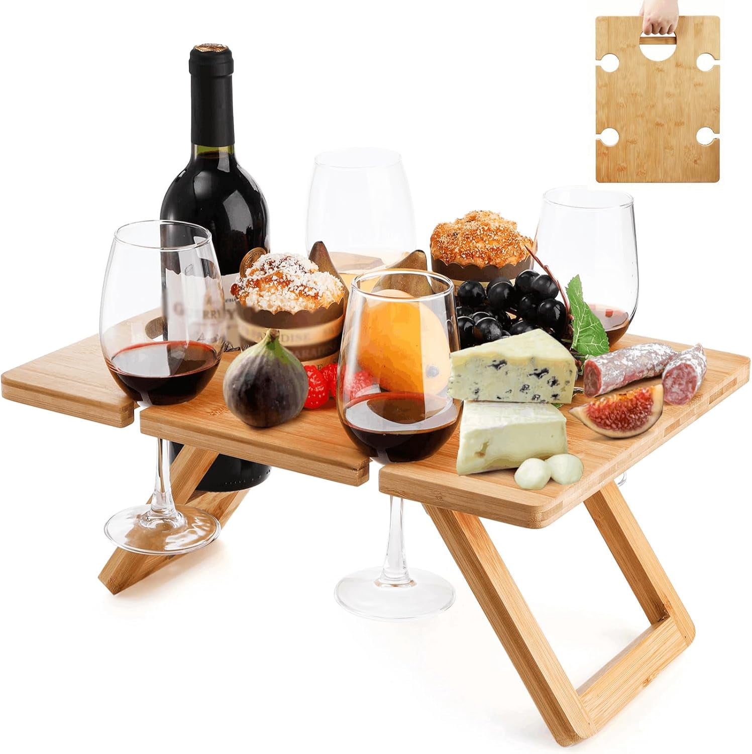 Portable Wine Picnic Table with 5 Wine Glasses Holder, Foldable ...
