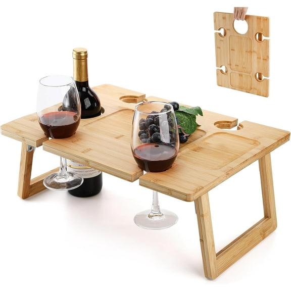 Portable Wine Picnic Table, Foldable Champagne Picnic Snack Table Tray, Wooden Outdoor Picnic Table with Glass Holder for Park, Beach, Camping, Bed, Wine Lover Gift
