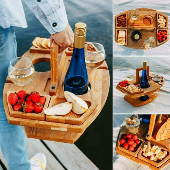 Portable Wine Picnic Table | Foldable Snack Tray for Outdoor Camping Beach RV Concerts | Lightweight Wooden Mini Coffee Champagne Garden Table | 14.17x12.2x10.23 in | 1.32 lb | Light Brown