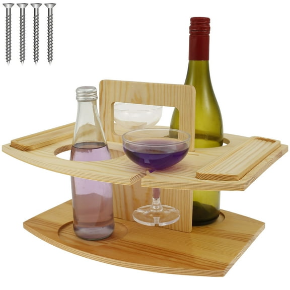Portable Wine Table With Foldable Picnic Snack Tray Bamboo Wine Picnic Table with Tall Glass Holder and Wine Bottle Holder For Beach Camping Rv Outdoor Concerts