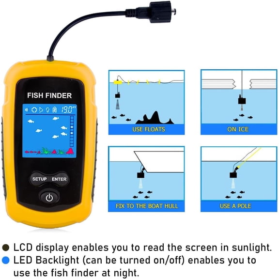 Portable Wired Fish Finder Ice Kayak Fishing Gear Water Depth Finder Handheld Fishfinder LCD Display Sonar Transducer