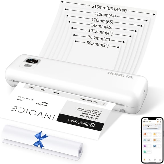 Portable Wireless A4 Thermal Printer, Inkless Printing for Phone, Android, and Laptop, Home Office and Travel Use with Included Paper Roll