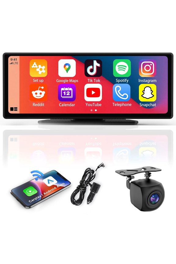 Portable Wireless Apple CarPlay and Android Auto Screen for Car, 10.26" High-Definition Touch Screen with Backup Camera, GPS Navigation, Bluetooth 5.0, FM/AUX/USB, Mirroring for All Vehicles