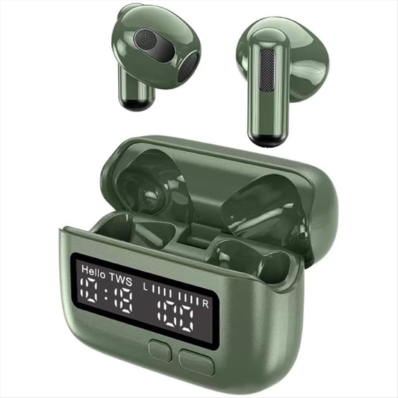 Portable Wireless Headset with Retro Design LED Power Display Dual Ear HD Call Digital Clock 6H Playtime IPX5 Waterproof-Army Green