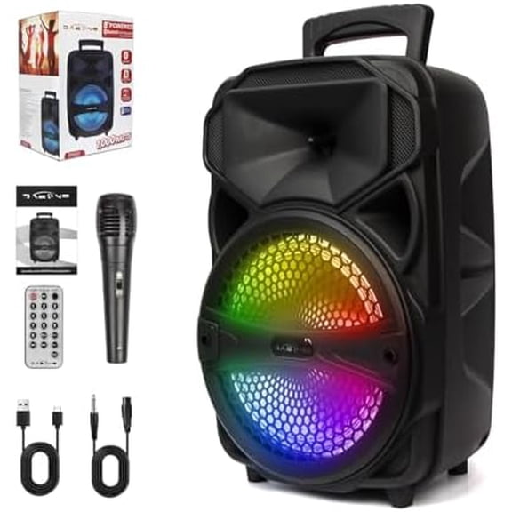 Portable Wireless Bluetooth Speakers, PA Loud Speaker Systems with Subwoofer, Bass, 8 Inch Speaker Karaoke Machine with Wired Microphone, Remote, FM Radio, EQ Mode, Flashing Light (8'' Woofer)