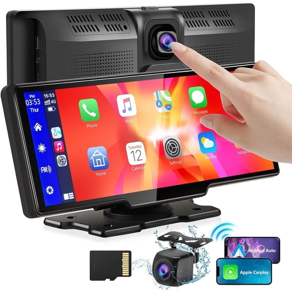 Portable Wireless Carplay with 2.5K Camera & 1080P Backup Cam, 9.3" Ultra HD Android Auto Touch Screen, GPS Navigation, Bluetooth, FM Radio