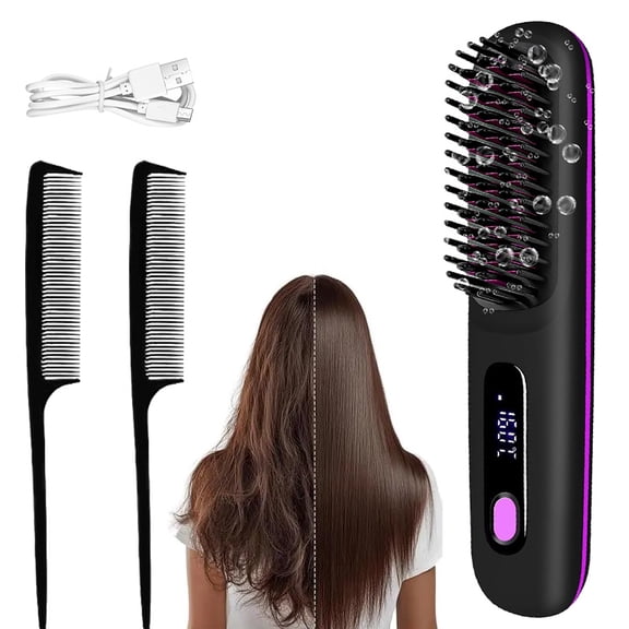 Portable Wireless Hair Straightener Comb | USB Charging, 3-speed Temperature Control, Negative Ion Technology, Long-lasting Luster, LED Display