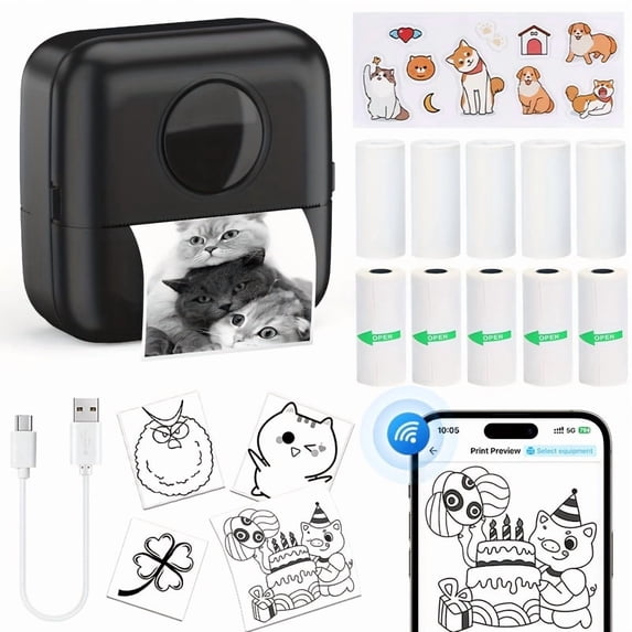 Portable Wireless Mini Thermal Printer - Instant Photo Printing for iPhone/Android, Equipped with 7 Rolls Of Free Thermal Paper, USB Charging, Wireless Function, for Office And Entertainment Use