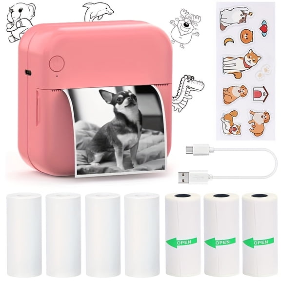 Portable Wireless Mini Thermal Printer - Instant Photo Printing for iPhone/Android, Equipped with 7 Rolls Of Free Thermal Paper, USB Charging, Wireless Function, for Office And Entertainment Use