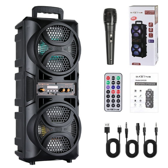 Portable Wireless PA Speaker with Bluetooth, Loud Sound & Subwoofer, AUX/USB/FM/Mic Input, Rechargeable Battery, LED Light, Wired Mic & Remote