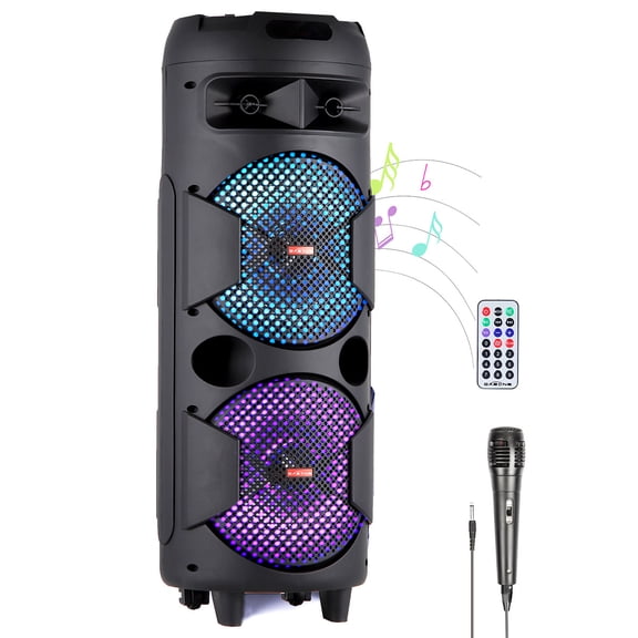 Portable Wireless PA Speaker with Bluetooth, Loud Sound & Powerful Subwoofer, AUX/USB/FM/Mic Input, Built-in Battery, LED Light, Includes Wired Mic & Remote