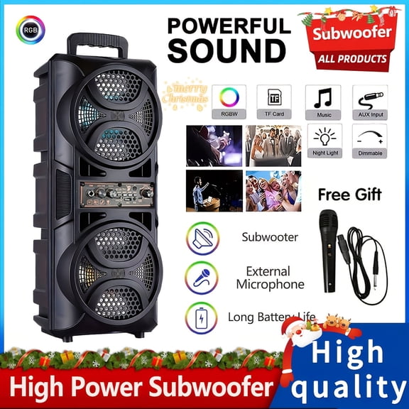 Portable Wireless PA Speaker, Dual 6.5-inch High-Quality Subwoofer System with AUX USB FM Wired Microphone Audio Input, Built-in Rechargeable Battery and LED Light
