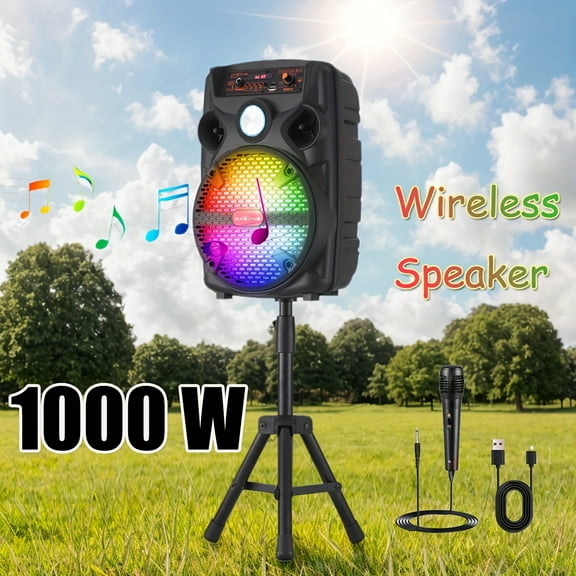 This Is a Portable Wireless PA Speaker Featuring an 8-Inch Subwoofer, Seven-Color LED Disco Lights, a Rechargeable Battery, And Multiple Connectivity Options Including USB, SD, MP3