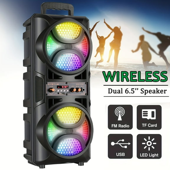 Portable Wireless PA Speaker System-Double 6.5'', Single 8'' | RGB for party Lights, USB SD Card Reader, FM Radio, Rolling Wheels, Wired Microphone, Remote Control - Ideal for Party, DJ, Wedding