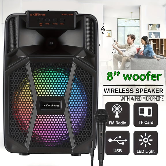 Portable Wireless PA Speaker System with Dual 6.5 Inch & Single 8 Inch Speakers, RGB Party Lights, Wheels, Wired Microphone & Remote, Support USB SD FM Radio for DJ Wedding Party Meeting