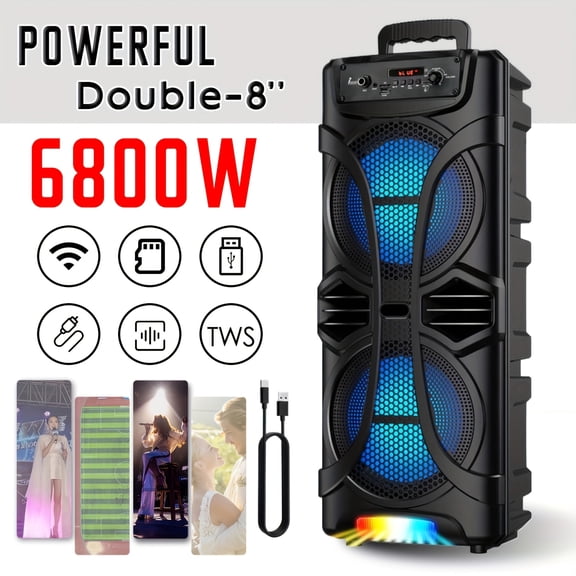 Portable Wireless PA Speaker System, Dual 8 Subwoofers Rechargeable Bluetooth Speaker with Mic Input