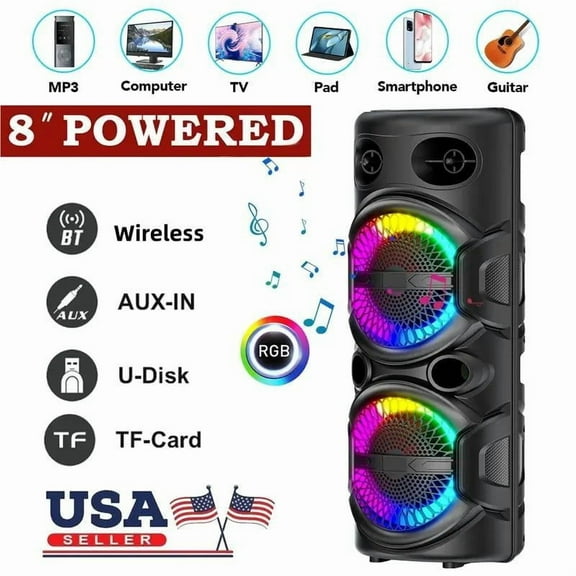 Portable Wireless PA Speaker with Bluetooth, Loud Sound & Subwoofer, AUX/USB/FM/Mic Input, Rechargeable Battery, LED Light, Wired Mic & Remote