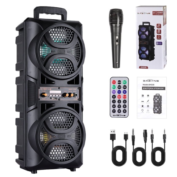 Portable Wireless PA Speaker with Powerful Subwoofer, Bluetooth Loud Sound System, LED Lights, USB/AUX/FM, Wired Microphone & Remote Control