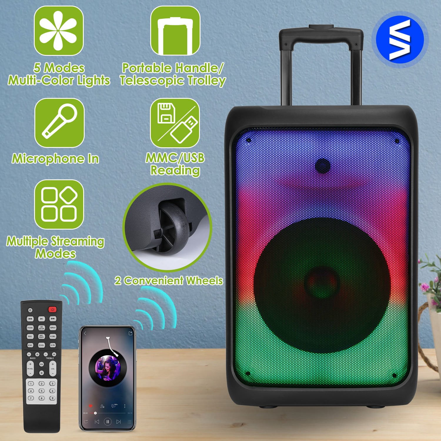 Portable Wireless Party Speaker KOCASO 5 Colorful Rolling Stage Speaker TWS FM USB MMC Slot Aux In Recording Mic Priority Trolley Handle 2 Wheels