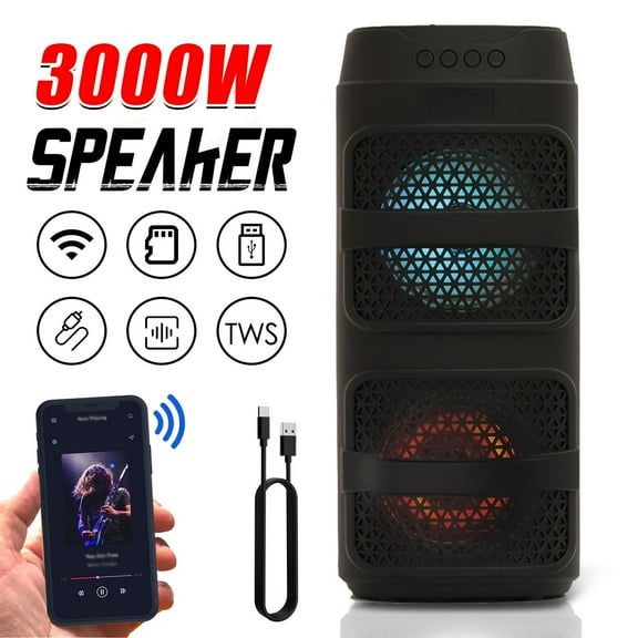 Portable Wireless Party Speaker with Subwoofer, Long-Lasting Battery, Neon LED Lights, Outdoor/Indoor Big Support TF Card MP3 Player Party for Home Camping Phone Computer PC