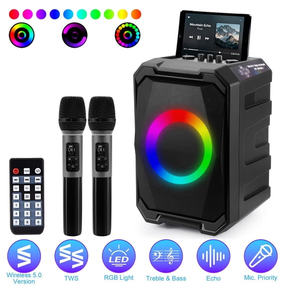 Portable Wireless Party Speaker with LED Light 2 Wireless Mics Remote Control TWS Music Accompany Mic. Priority Bass Echo Mic Treble Guitar In