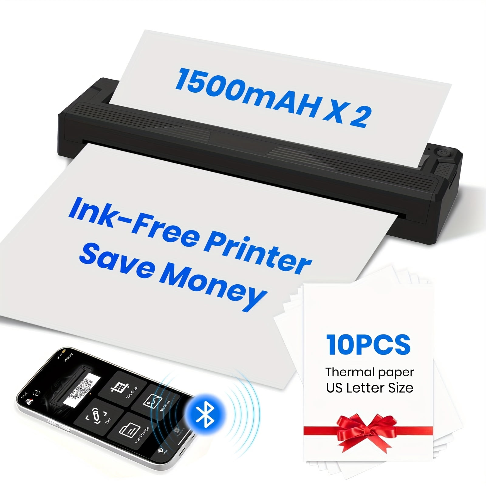 Portable Wireless Printer with Paper, Travel-Friendly. Supports A4 & 8.5x11 Letter Paper. Compact, Built-In Battery, Ink-Free Printing.