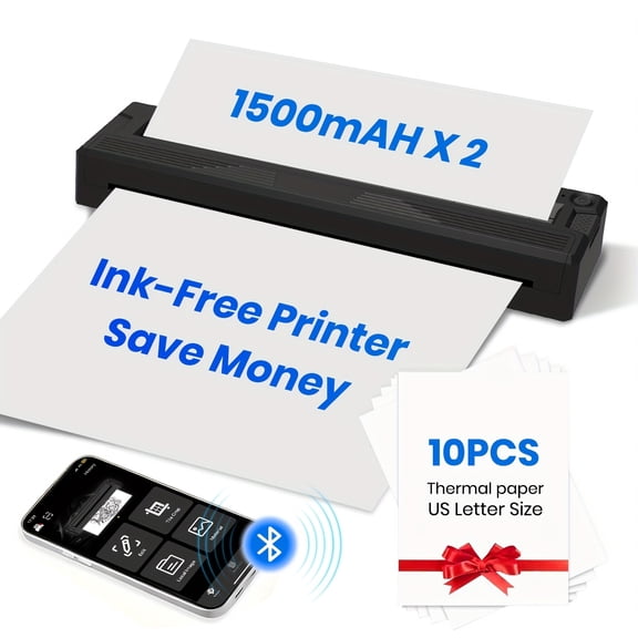 Portable Wireless Printer with Paper, Travel-Friendly. Supports A4 & 8.5x11 Letter Paper. Compact, Built-In Battery, Ink-Free Printing.