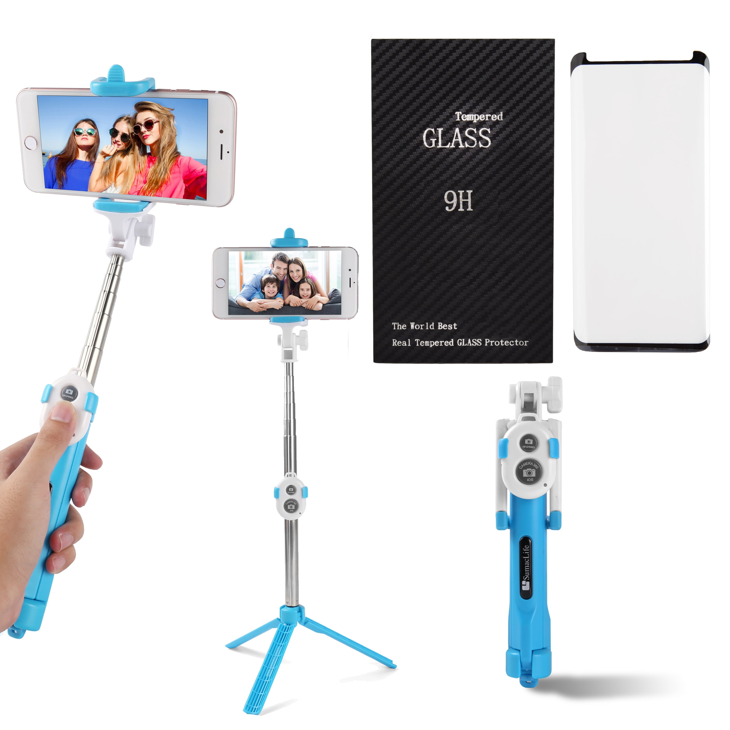 Portable Wireless Remote Control Selfie Stick and Mini Tripod with Tempered Glass Screen Protector for Samsung Galaxy S9 Plus