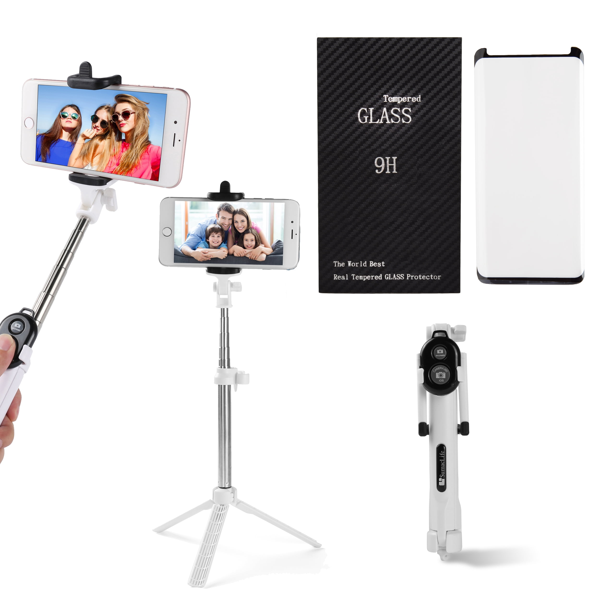 Portable Wireless Remote Control Selfie Stick and Mini Tripod with Tempered Glass Screen Protector for Samsung Galaxy S9