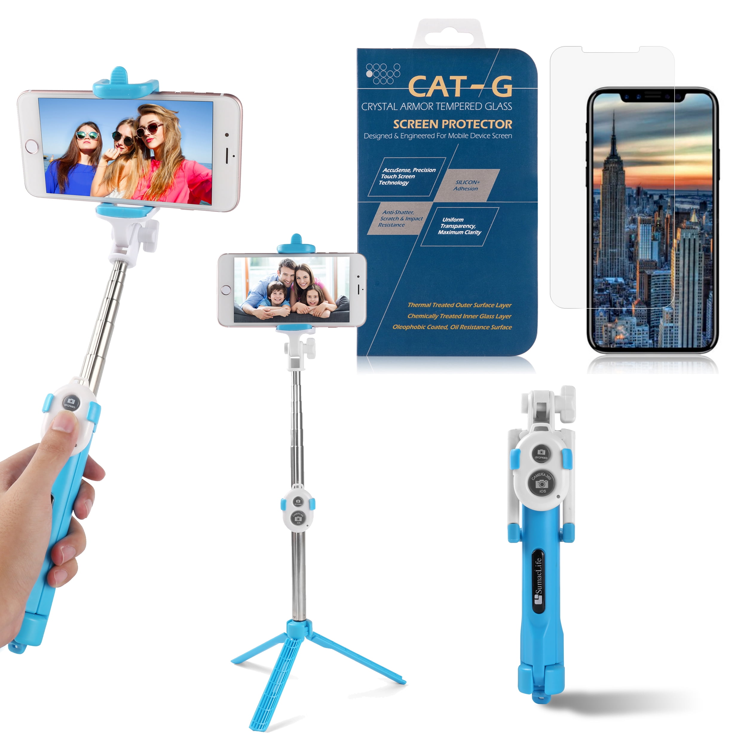 Portable Wireless Remote Control Selfie Stick and Mini Tripod with Tempered Glass Screen Protector for iPhone X