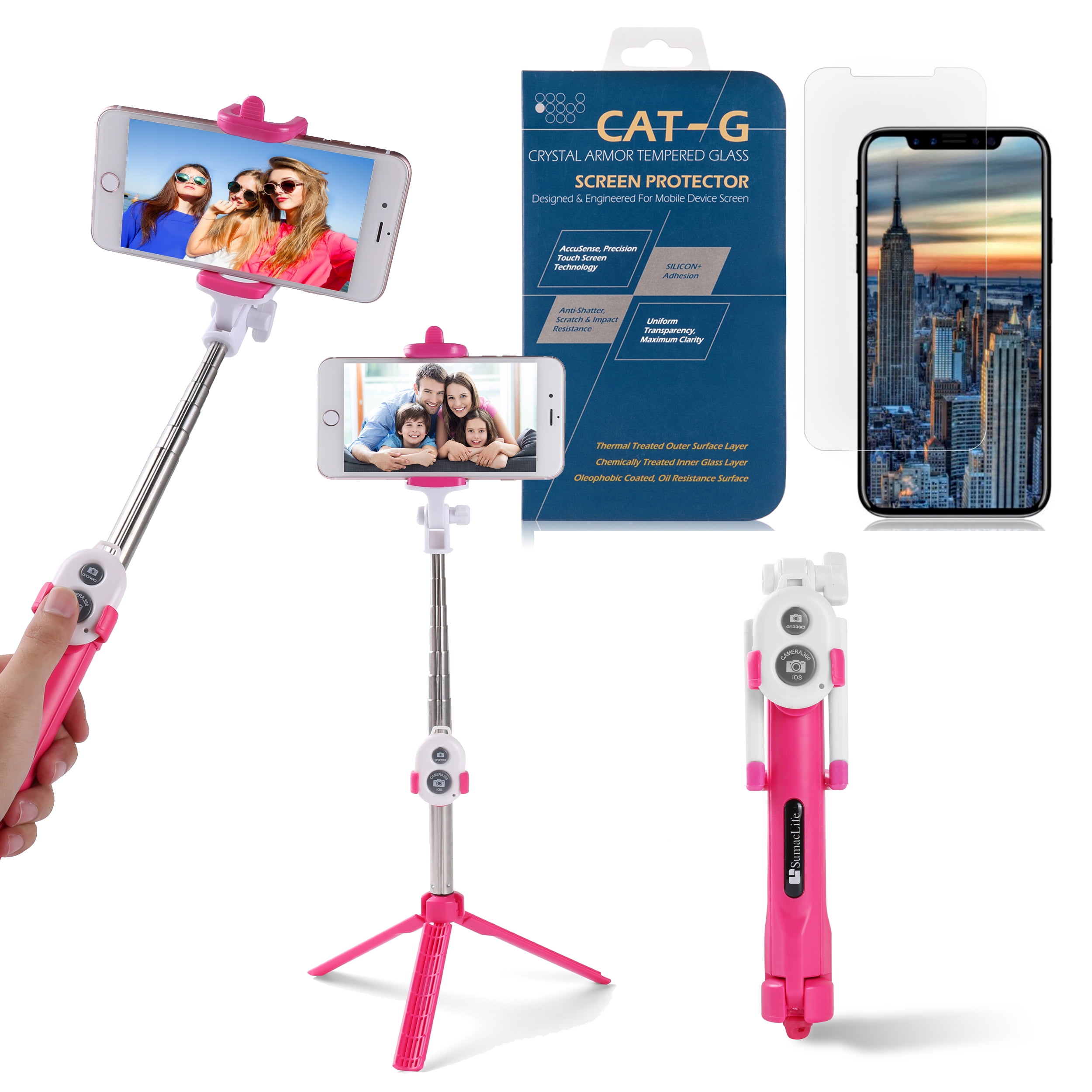 Portable Wireless Remote Control Selfie Stick and Mini Tripod with Tempered Glass Screen Protector for iPhone X