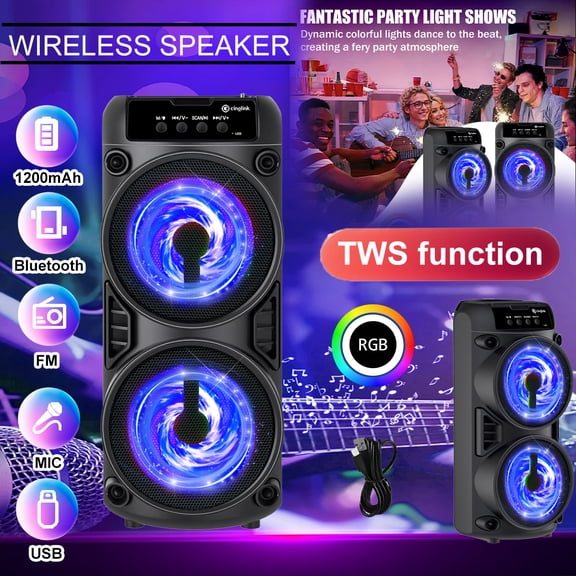 Portable Wireless Stereo Speaker System with Subwoofer, RGB Lights, 2 Sizes, Hi-Fi Sound for Party, Camping, Home Entertainment, Stylish Design