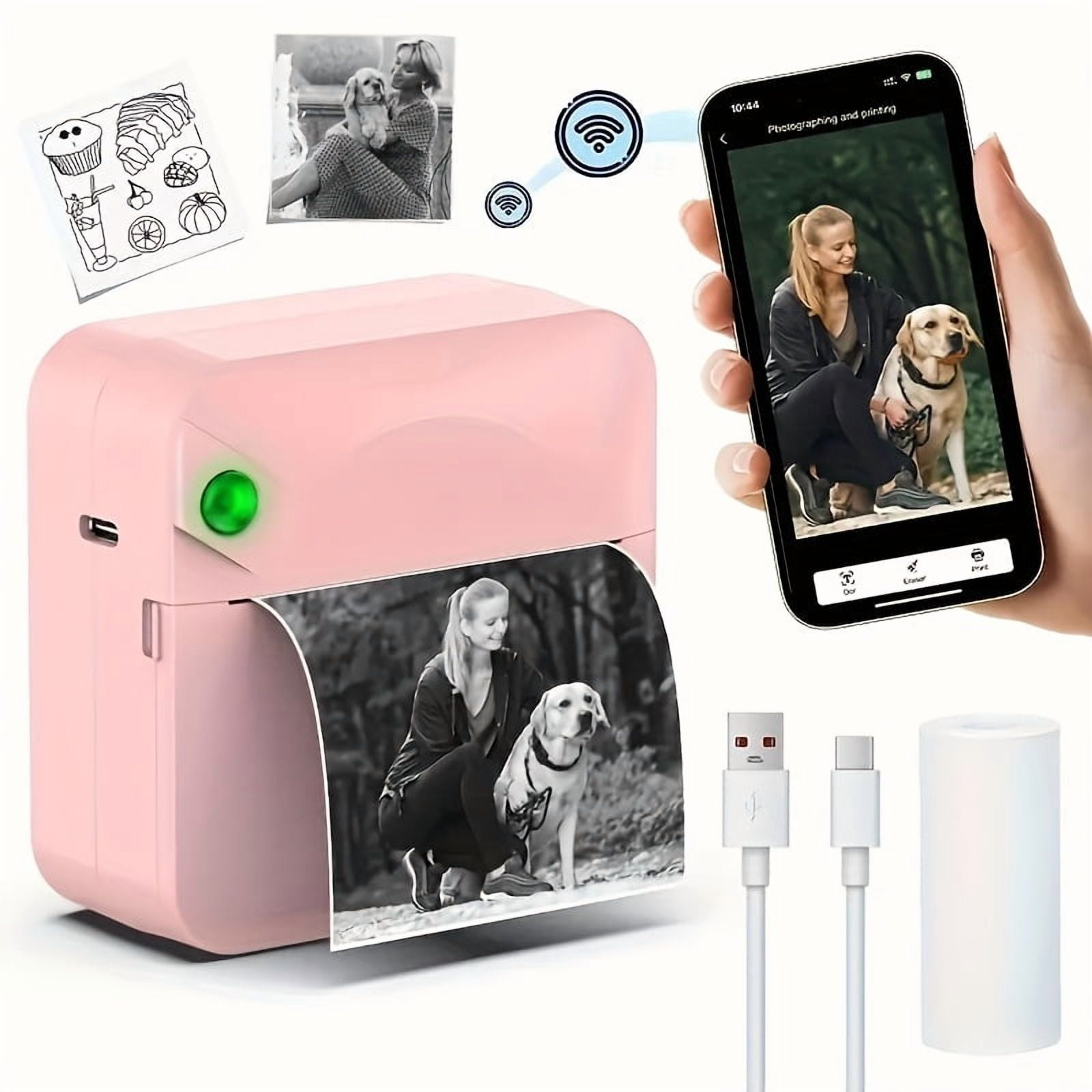 Portable Wireless Thermal Printer with Single Roll Paper - Mini Mobile Receipt Printer, Ink-Free Sticker & Pocket Printer for Smartphones: Photos, Diaries, Notes, Memos, Compatible