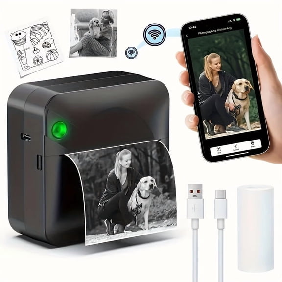 Portable Wireless Thermal Printer with Single Roll Paper - Mini Mobile Receipt Printer, Ink-Free Sticker & Pocket Printer for Smartphones: Photos, Diaries, Notes, Memos, Compatible