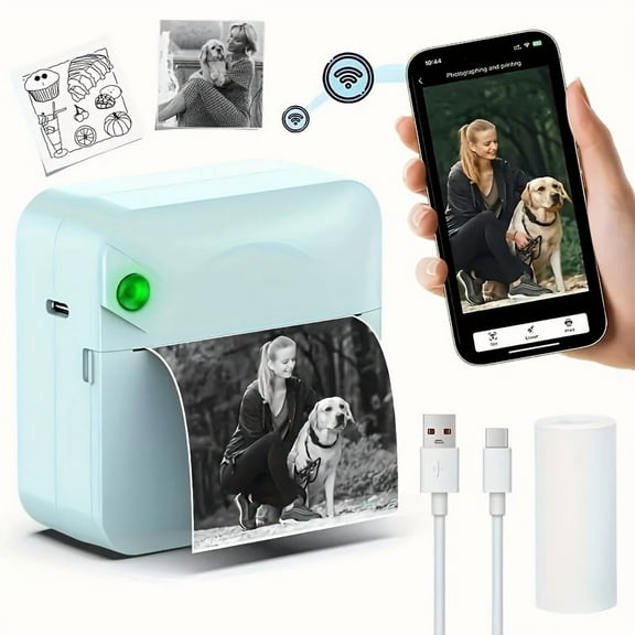 Portable Wireless Thermal Printer with Single Roll Paper - Mini Mobile Receipt Printer, Ink-Free Sticker & Pocket Printer for Smartphones: Photos, Diaries, Notes, Memos, Compatible