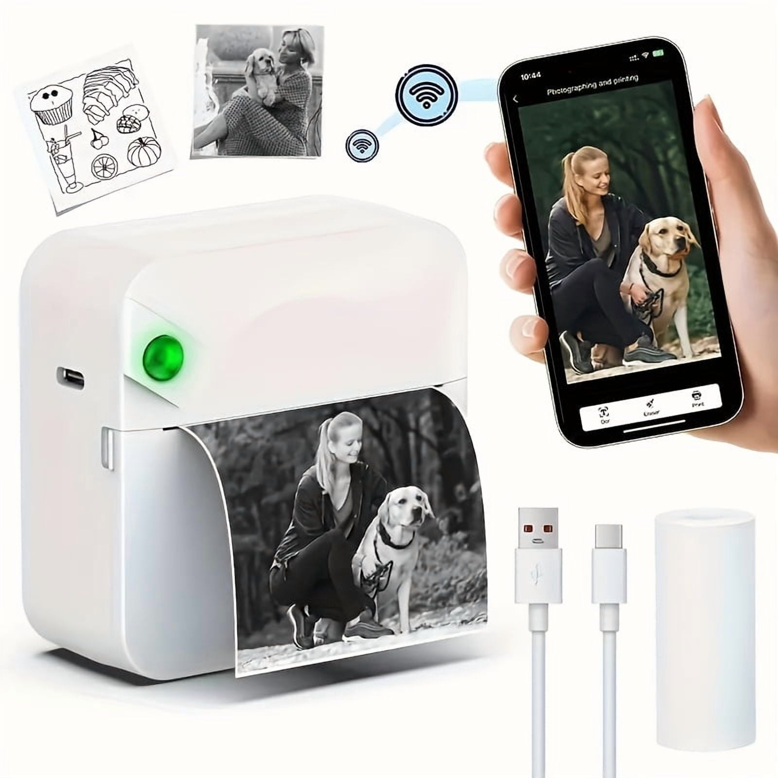 Portable Wireless Thermal Printer with Single Roll Paper - Mini Mobile Receipt Printer, Ink-Free Sticker & Pocket Printer for Smartphones: Photos, Diaries, Notes, Memos, Compatible