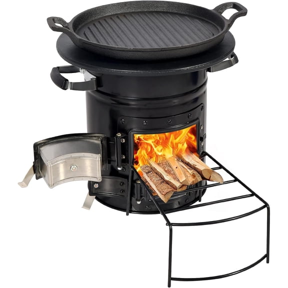Portable Wood Burning Rocket Stove & Grill Pan for Outdoor Cooking, Camping, Backpacking, RV, Survival - Black 12.6" Stove Top, Two Doors