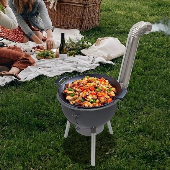 Portable Wood Burning Stove for Camping, 330 lbs Capacity Heavy Duty Outdoor BBQ Stove with 4 Wok Rings & Grill Rack - Multifunction Fire Pit for Backyard Patio Cooking, Heating, Hot Tent - Black