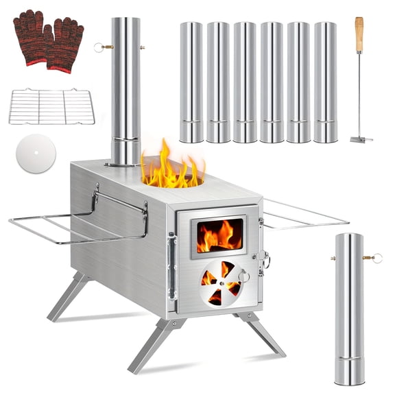 "Portable Wood Burning Stove with Chimney Pipe – Compact Black Outdoor Cooker for Camping, BBQ, Cooking & Boiling Water, Dual-Purpose Indoor/Outdoor Heater & Hot Tent Stove Ideal for Party Patios"