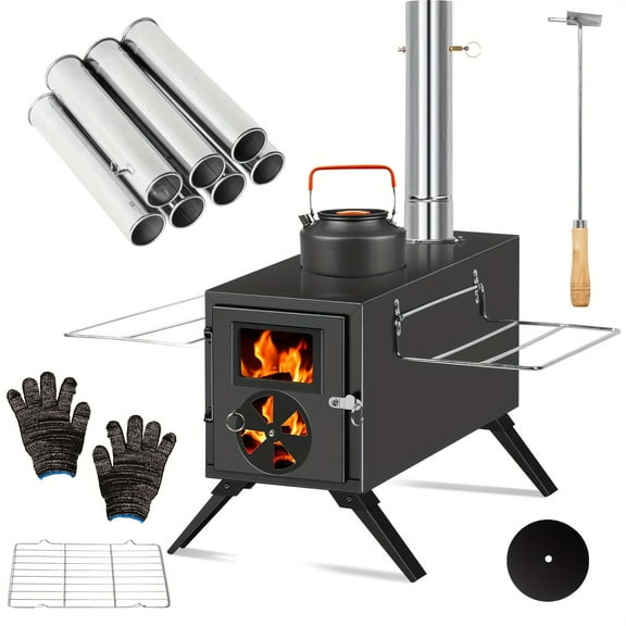 Portable Wood Burning Stove with Chimney Pipe - Front Window & Side Racks, Compact Patio Camping Stove for Outdoor Camping, Picnics, Truck Trips & Logging Cabins, Tent Stove, Heating & Cooking.