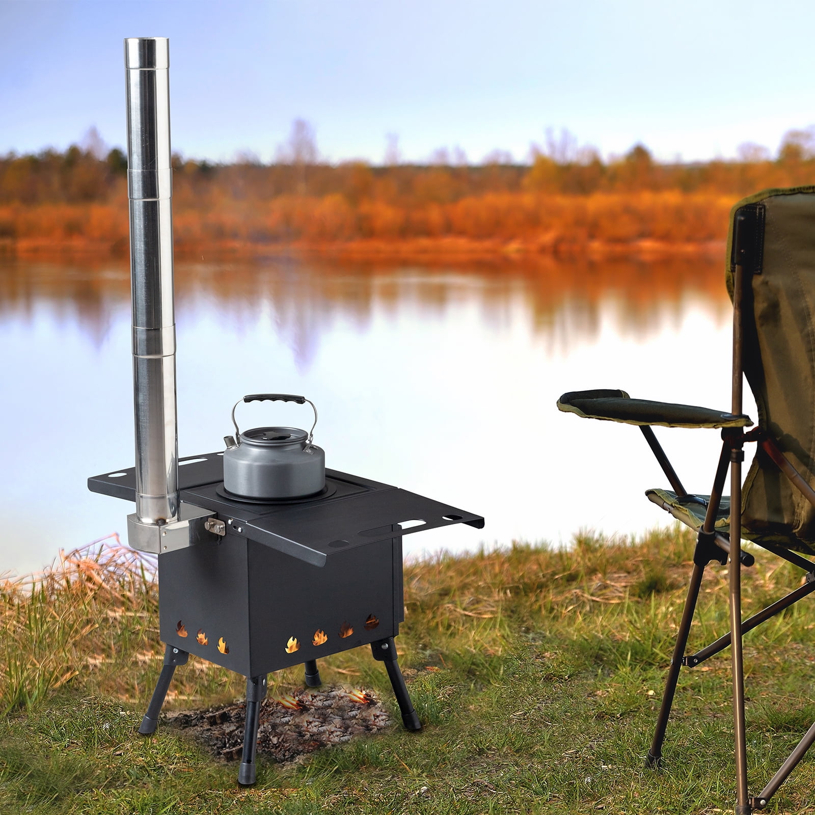 Portable Wood Stove - Foldable Camping Stove with Chimney, 17.6lbs, Carbon Steel, for Camping/Hunting/Ice Fishing Black