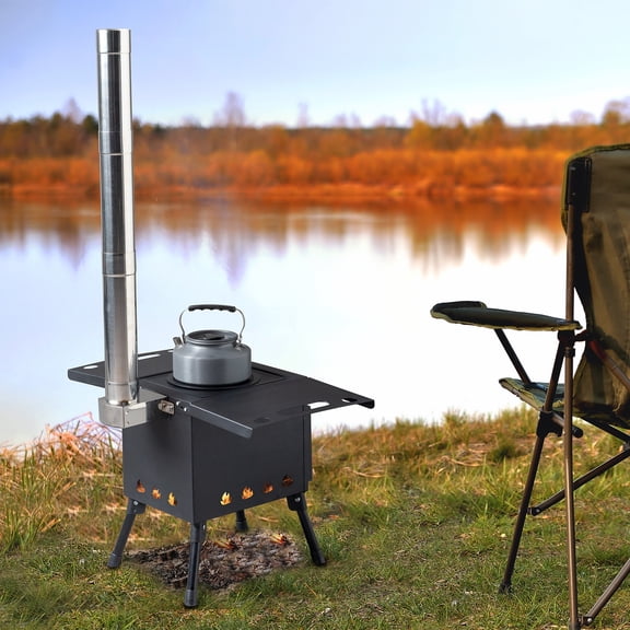 Portable Wood Stove - Foldable Camping Stove with Chimney, 17.6lbs, Carbon Steel, for Camping/Hunting/Ice Fishing Black