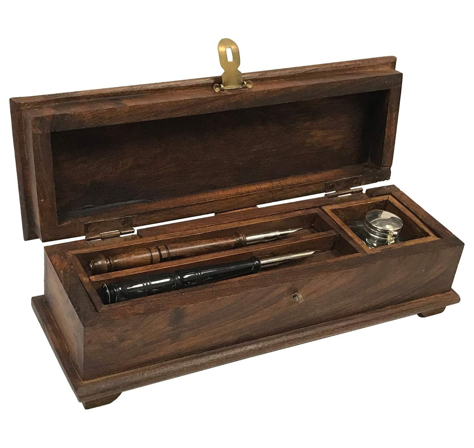 Portable Wood Writing Pen Box With Glass Inkwell, Wood & Ox Horn Nib ...
