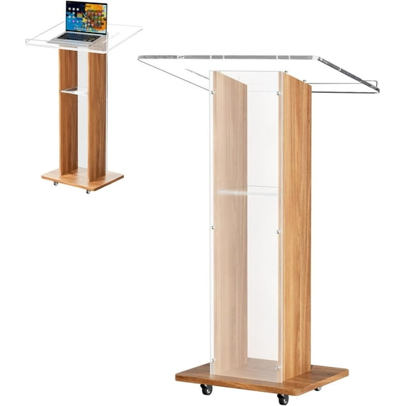 Portable Wooden and Acrylic Podium Lectern with Wheels, Wood Speaking Churches Pulpit Stand Design with 2 Storage Shelves, Pulpitos para Iglesias for Classroom Conference