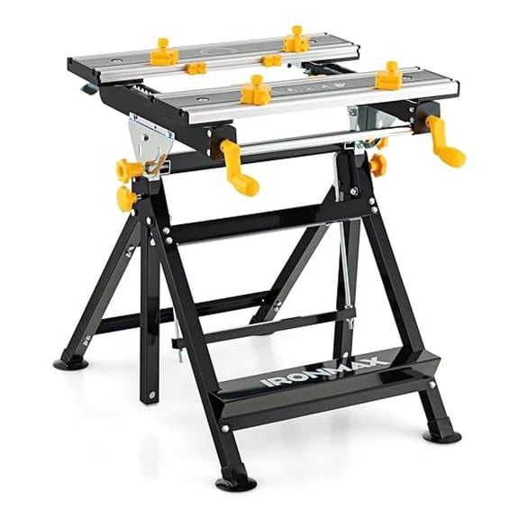 Portable Workbench, Folding Work and Vise with 2 Handles, 7-Level Adjustable Height, 8 Sliding Clamps, Tiltable & Extendable , Workbench Table for Garage, Workshop