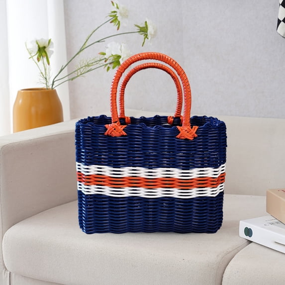 Portable Woven Storage Basket with Handle, Multifunction Portable Basket, Reusable Shopping Tote Bag with Handle Fruit Vegetable Bags Large Beach Bag, for Home Bathroom Shopping